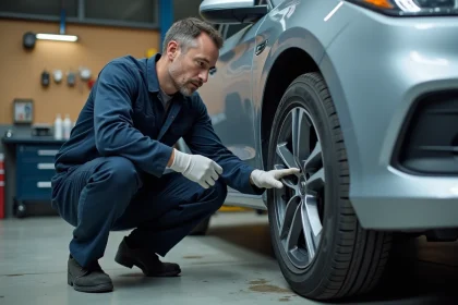 Technicien automobile inspectant les marquages de taille sur un pneu monté dans un atelier professionnel