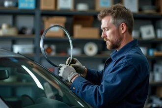 Technicien automobile inspectant un joint de vitrage en caoutchouc dans un atelier de réparation vitrerie auto