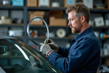 Technicien automobile inspectant un joint de vitrage en caoutchouc dans un atelier de réparation vitrerie auto