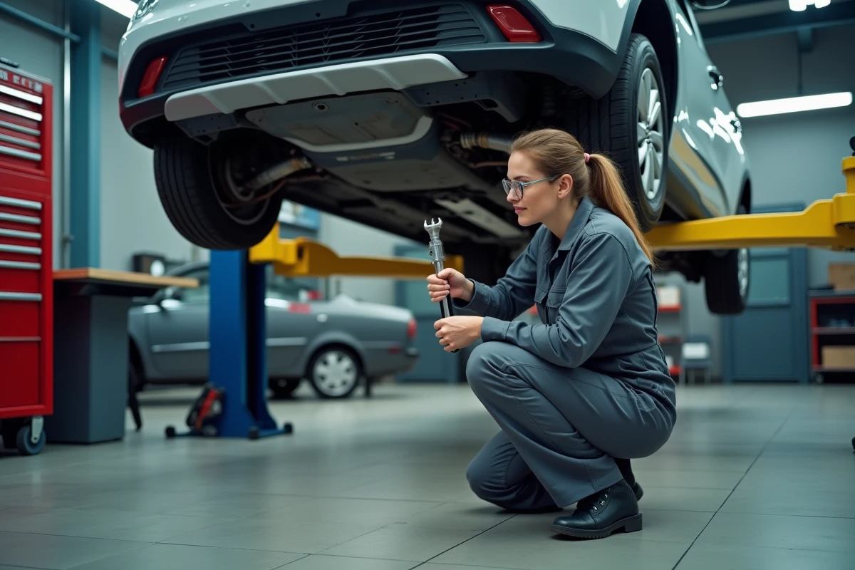 Technicienne automobile inspectant le dessous d'une Renault soulevée sur un pont élévateur dans un garage professionnel