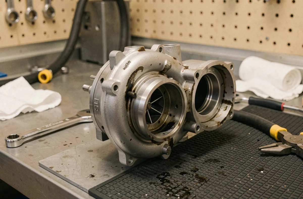 Turbocompresseur et collecteur d'admission du moteur 2 HDi 90 démontés sur un établi de garage pour diagnostic