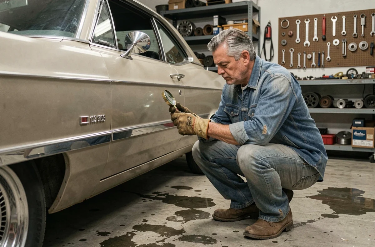Expert automobile examinant la plaque VIN d'une Chevrolet Impala 1967 4 portes dans un garage privé pour vérifier l'authenticité du modèle
