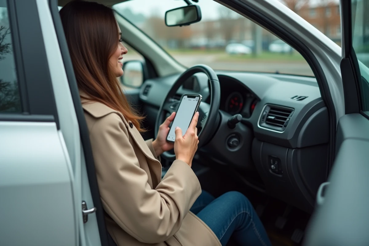 Femme vérifiant l'accès de son véhicule à la zone basse émission de Bruxelles sur smartphone