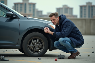 Homme inquiet inspectant sa voiture sans roues dans un parking urbain