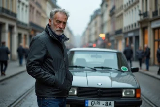 Homme examinant le sticker de zone basse émission sur sa voiture garée dans une rue de Bruxelles