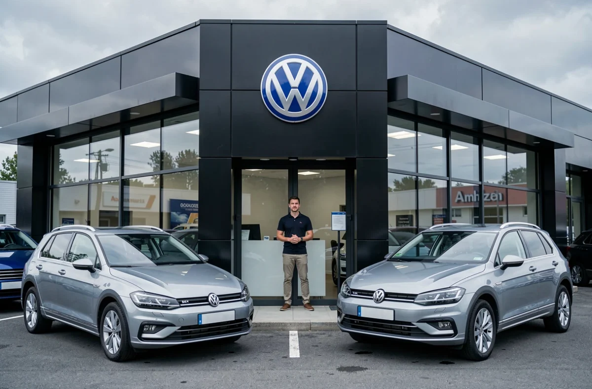 Concession Volkswagen Angers à Beaucouzé avec une Golf et un Tiguan exposés devant la façade sombre aux logos VW