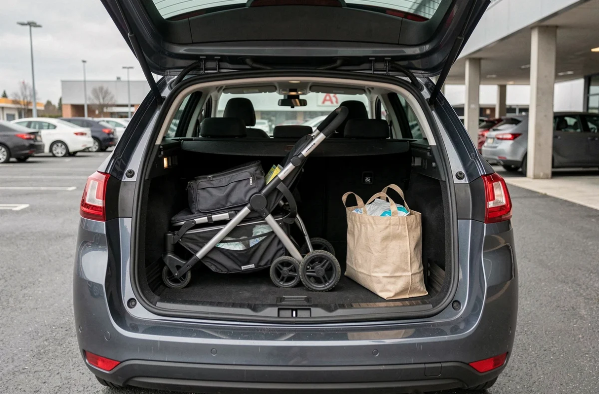Coffre ouvert d'une Peugeot 308 SW avec poussette pliée, sac à langer et sacs de courses à l'intérieur