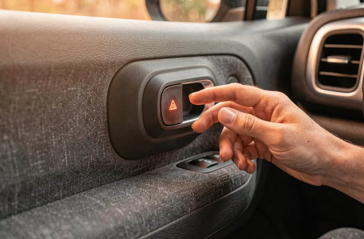 Gros plan sur le voyant rouge de verrouillage de porte à l'intérieur d'un Citroën C3 Aircross