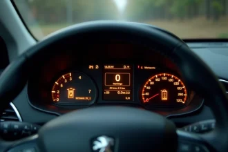 Tableau de bord Peugeot 208 avec voyants lumineux allumés visibles sur le combiné d'instruments numérique