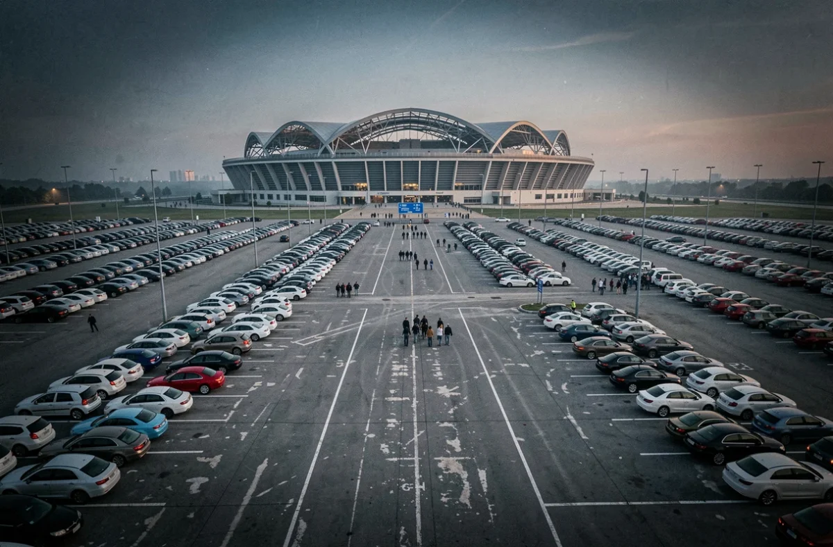 Vue aérienne du parking P2 du Stade de France rempli de voitures avec des spectateurs de concert se dirigeant vers l'entrée au crépuscule